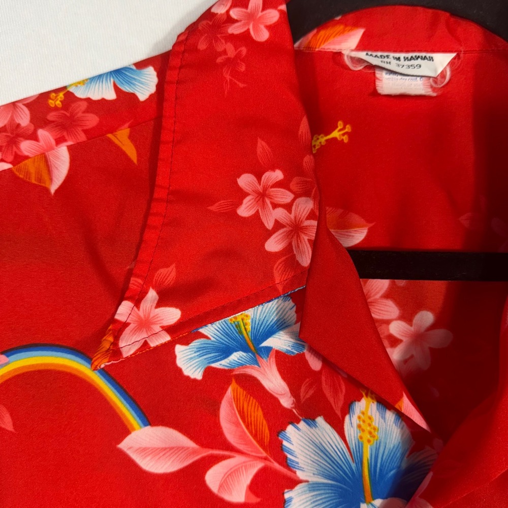 Vtg 70s Hawaiian Button Up Shirt XL/XXL Red Rainbow Hibiscus Aloha Made‎ Hawaii - Picture 5 of 8
